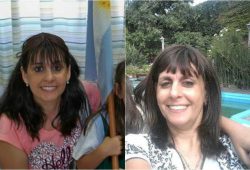 A la izquierda, Silvina Aimé con su cabello natural antes de la quimioterapia. A la derecha, con la peluca que le donaron.