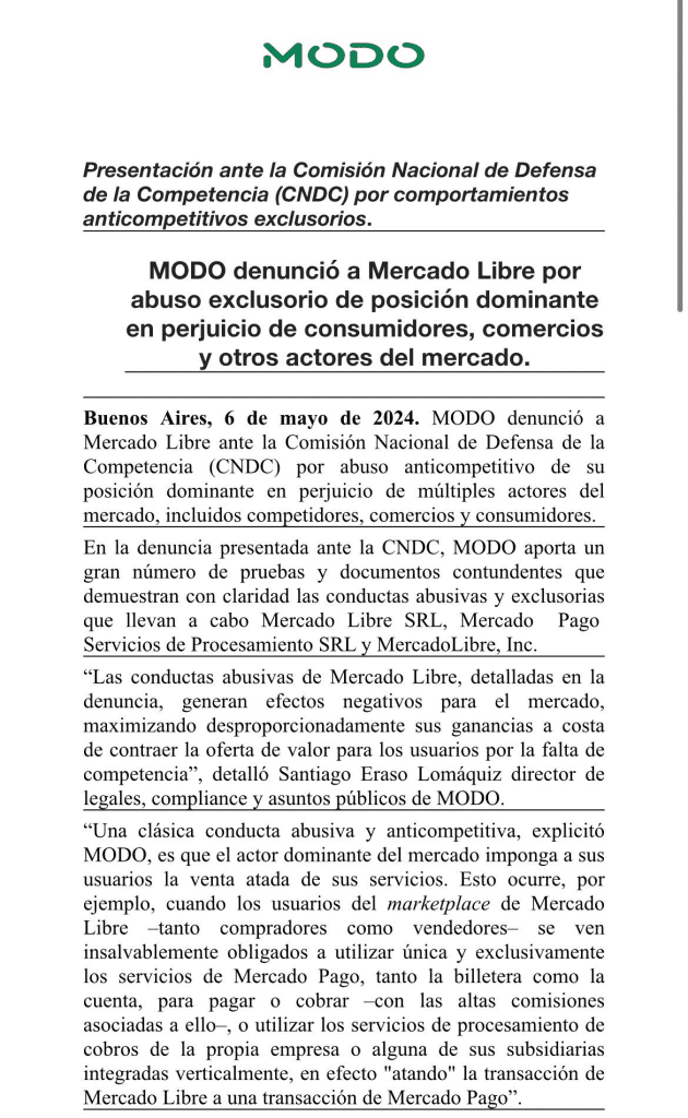 En este comunicado, MODO acusó a Mercado Libre de conducta abusiva y exclusitorias.