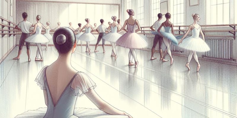 A soft, artistic sketch-style image of a ballet class in a large dance studio. The scene includes mu
